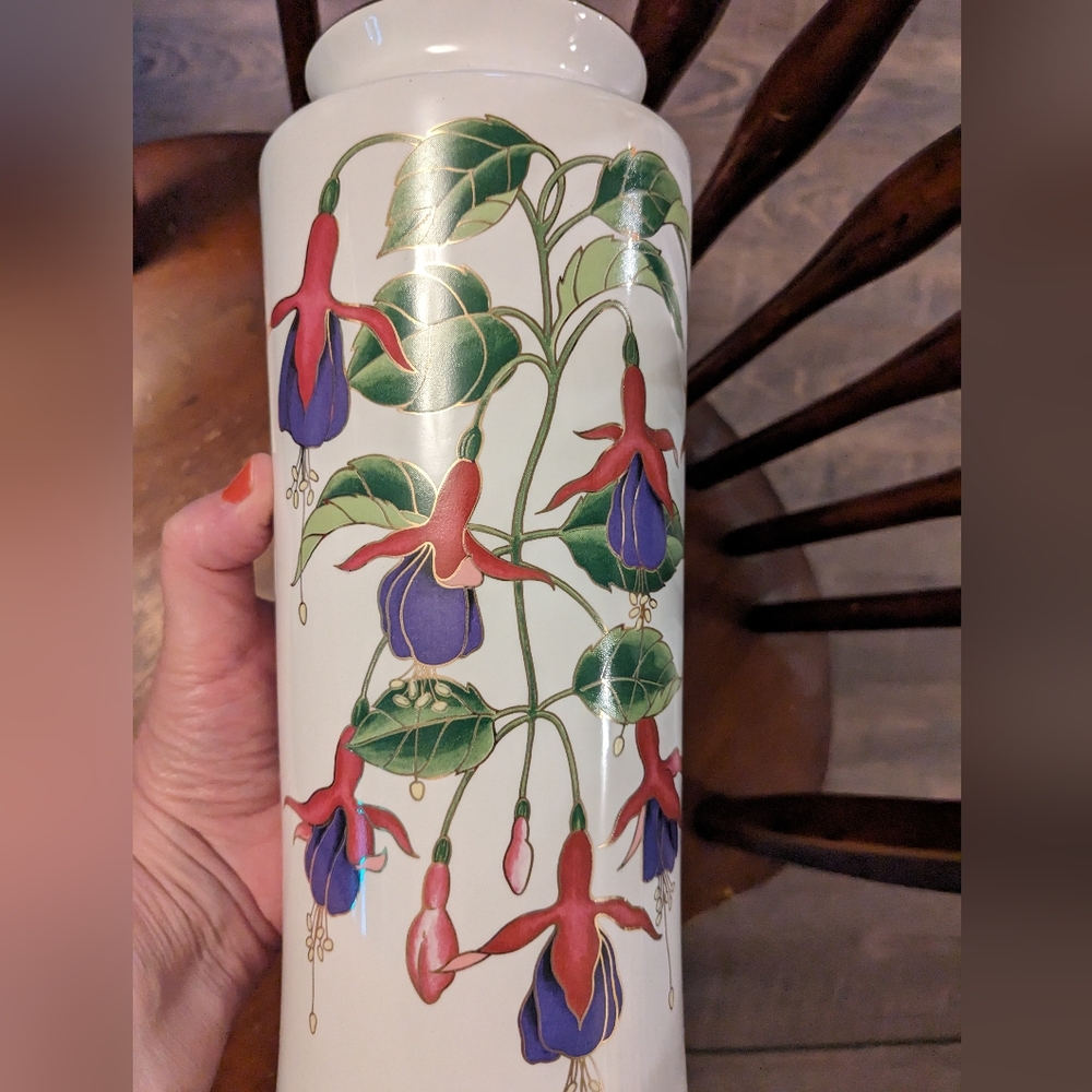 Vintage Action industries Spring Floral Vase 1992 11" Ceramic Vase Fuchsia Plant